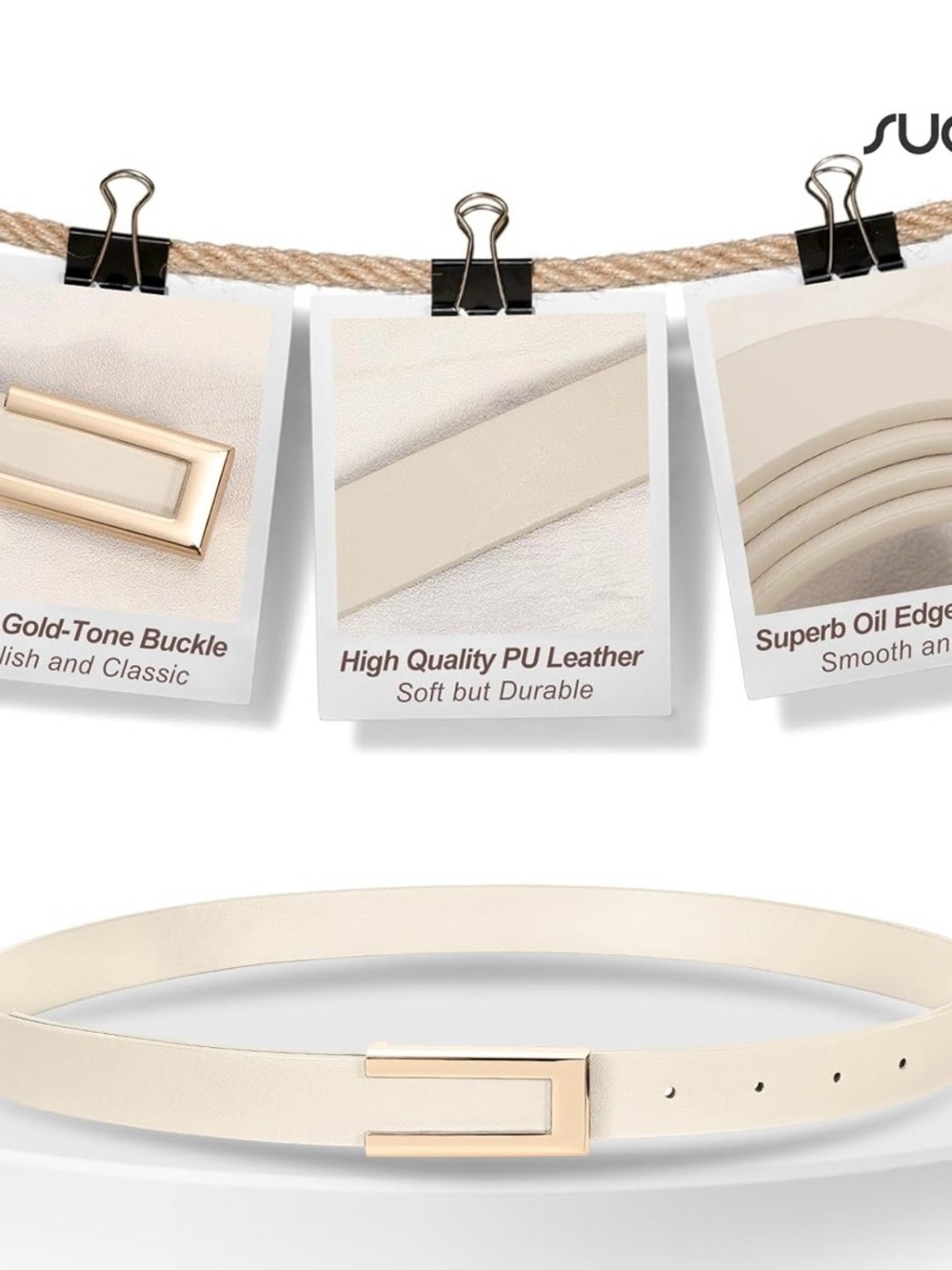 New Womens Belt Leather cream size 38 Skinny Waist Belt with Gold Buckle,